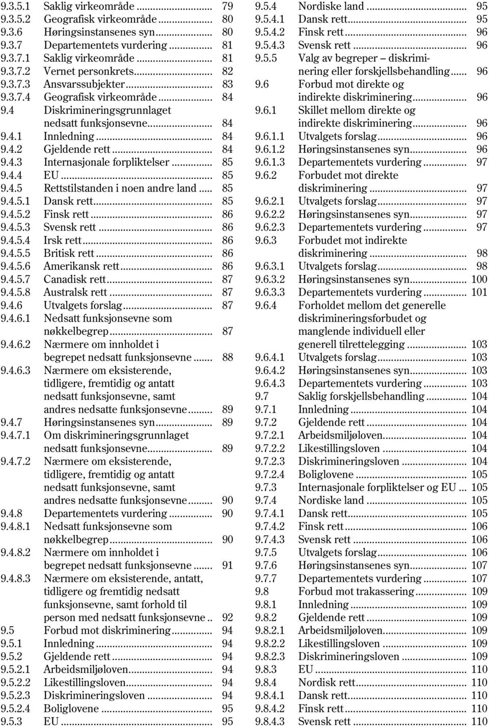 .. 83 9.6 Forbud mot direkte og 9.3.7.4 Geografisk virkeområde... 84 indirekte diskriminering... 96 9.4 Diskrimineringsgrunnlaget 9.6.1 Skillet mellom direkte og nedsatt funksjonsevne.