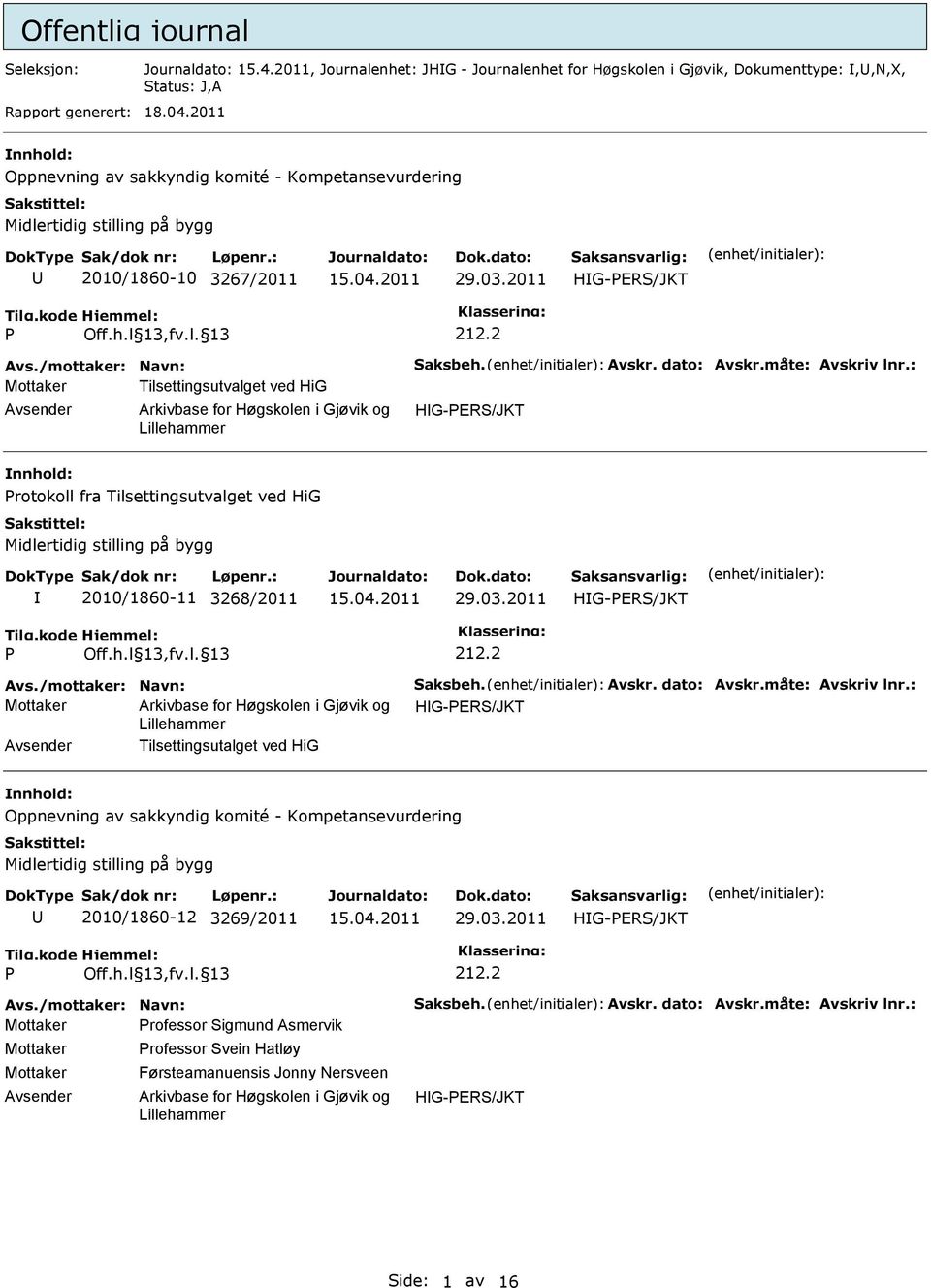 måte: Avskriv lnr.: Mottaker Tilsettingsutvalget ved HiG Protokoll fra Tilsettingsutvalget ved HiG Midlertidig stilling på bygg 2010/1860-11 3268/2011 29.03.2011 P Off.h.l 13,fv.l. 13 212.2 Avs.