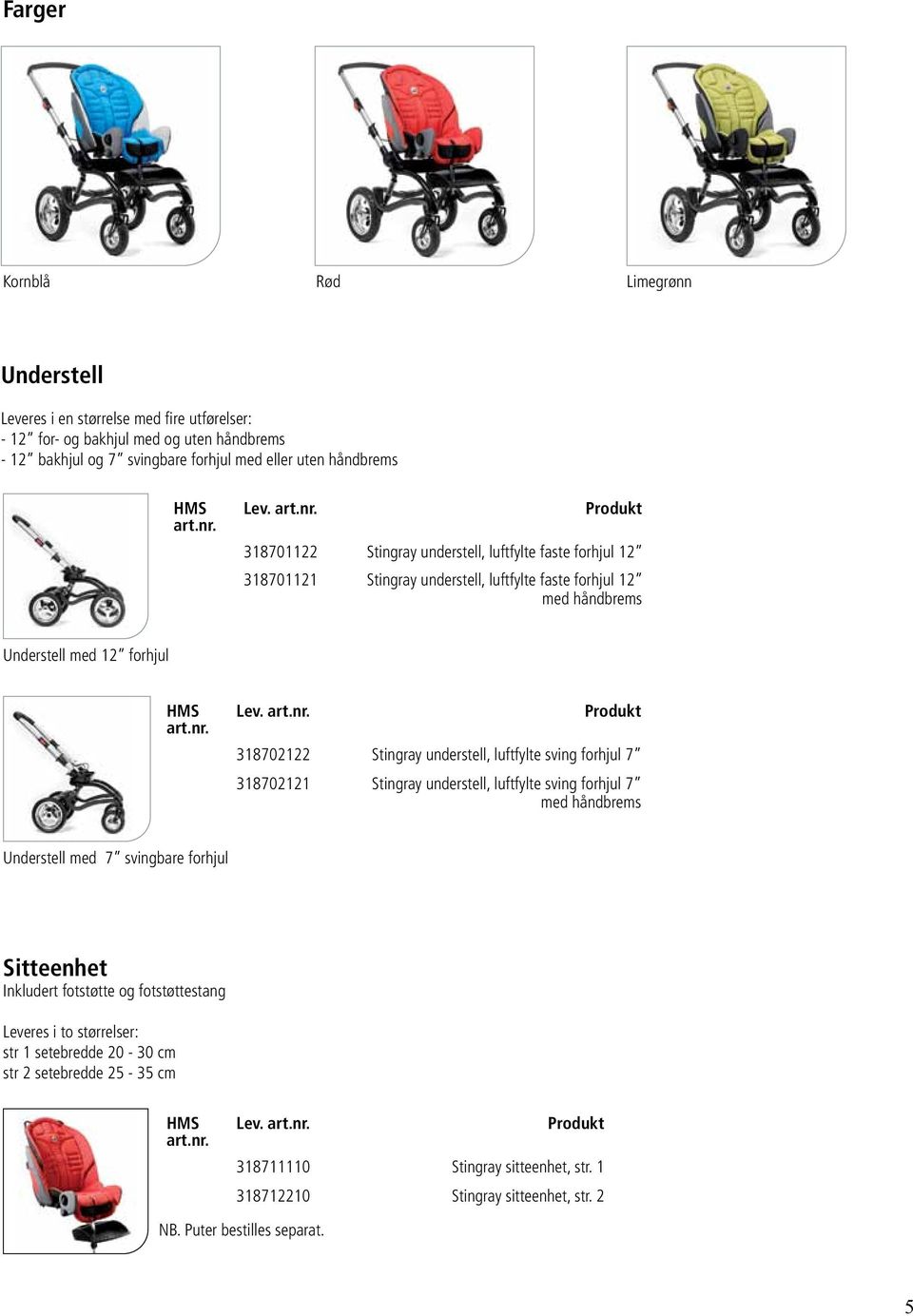 Produkt 318702122 Stingray understell, luftfylte sving forhjul 7 318702121 Stingray understell, luftfylte sving forhjul 7 med håndbrems Understell med 7 svingbare forhjul Sitteenhet Inkludert