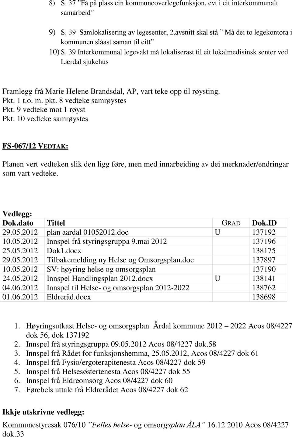 39 Interkommunal legevakt må lokaliserast til eit lokalmedisinsk senter ved Lærdal sjukehus Framlegg frå Marie Helene Brandsdal, AP, vart teke opp til røysting. Pkt. 1 t.o. m. pkt.