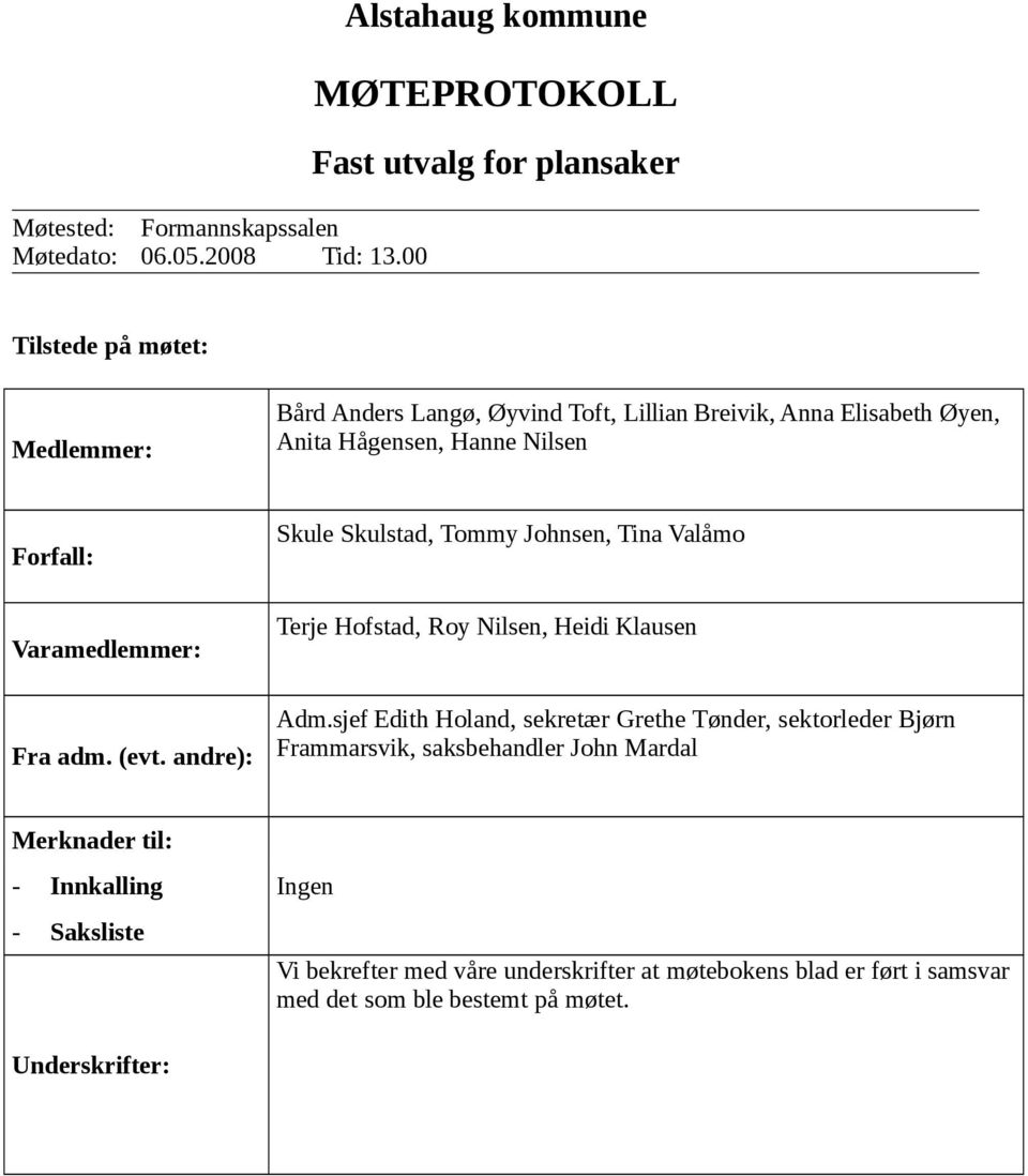 Øyen, Anita Hågensen, Hanne Nilsen Forfall: Varamedlemmer: Fra adm. (evt.