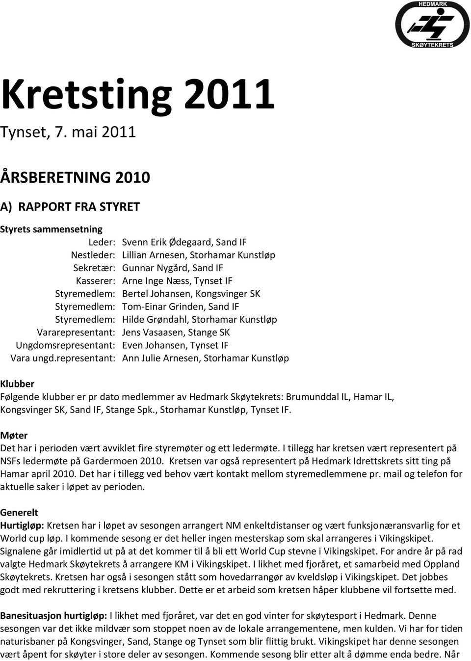 Arne Inge Næss, Tynset IF Styremedlem: Bertel Johansen, Kongsvinger SK Styremedlem: Tom-Einar Grinden, Sand IF Styremedlem: Hilde Grøndahl, Storhamar Kunstløp Vararepresentant: Jens Vasaasen, Stange