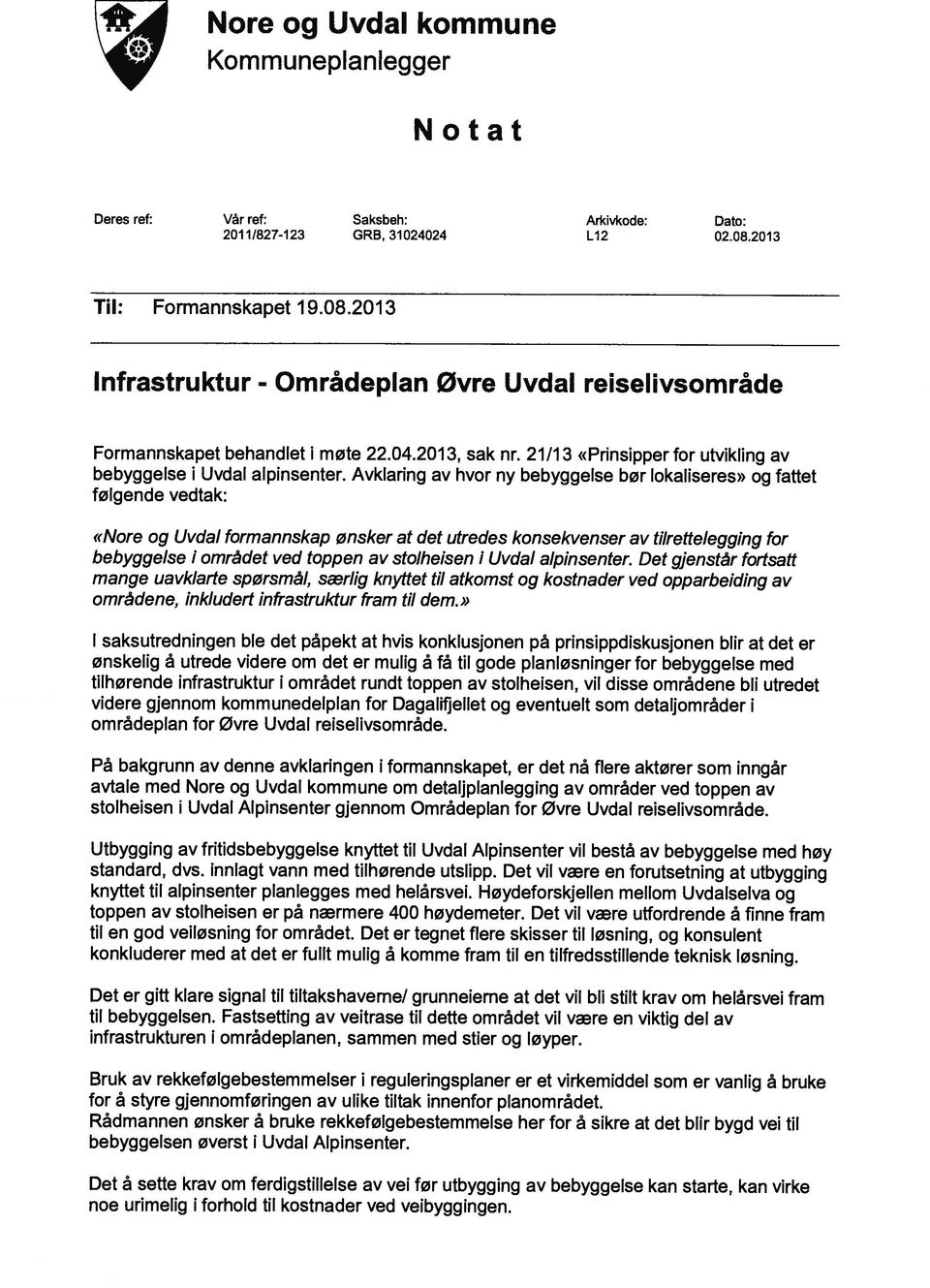 21/13 «Prinsipper for utvikling av bebyggelse i Uvdal alpinsenter.