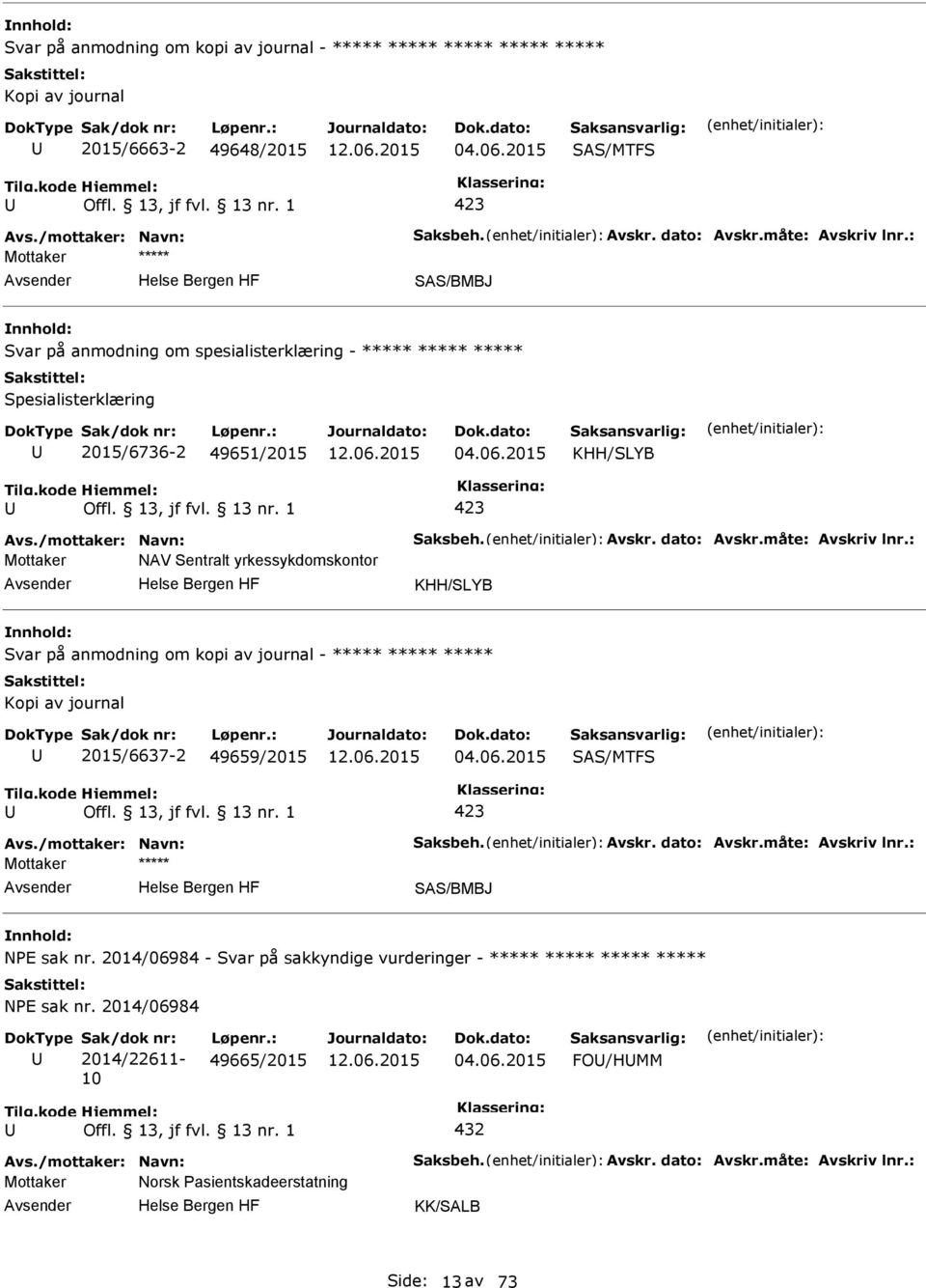 måte: Avskriv lnr.: Mottaker NAV Sentralt yrkessykdomskontor KHH/SLYB Svar på anmodning om kopi av journal - ***** ***** ***** 2015/6637-2 49659/2015 04.06.2015 Avs./mottaker: Navn: Saksbeh. Avskr. dato: Avskr.