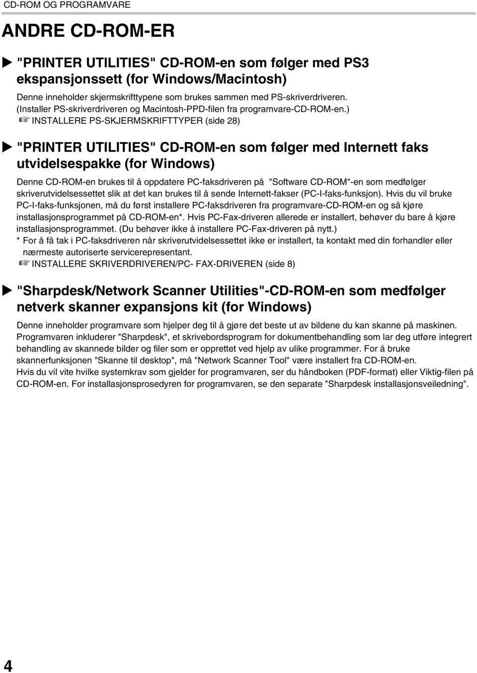 ) INSTALLERE PS-SKJERMSKRIFTTYPER (side 28) "PRINTER UTILITIES" CD-ROM-en som følger med Internett faks utvidelsespakke (for Windows) Denne CD-ROM-en brukes til å oppdatere PC-faksdriveren på