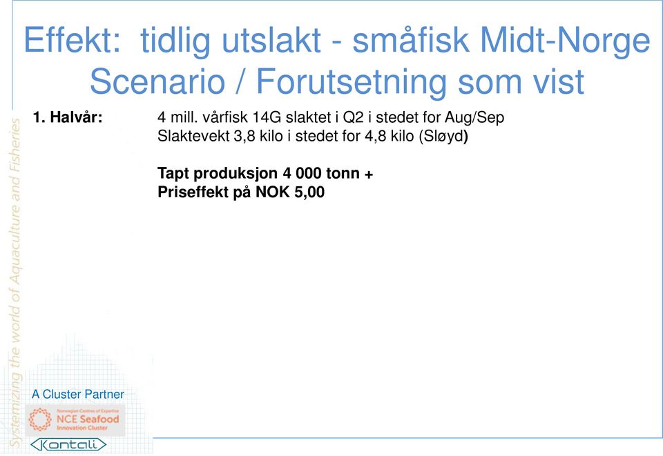 Priseffekt på NOK 5,00 6,50/ kilo på ca. 15 000 tonn NOK 220 270 mill 2. Halvår: 8 mill.