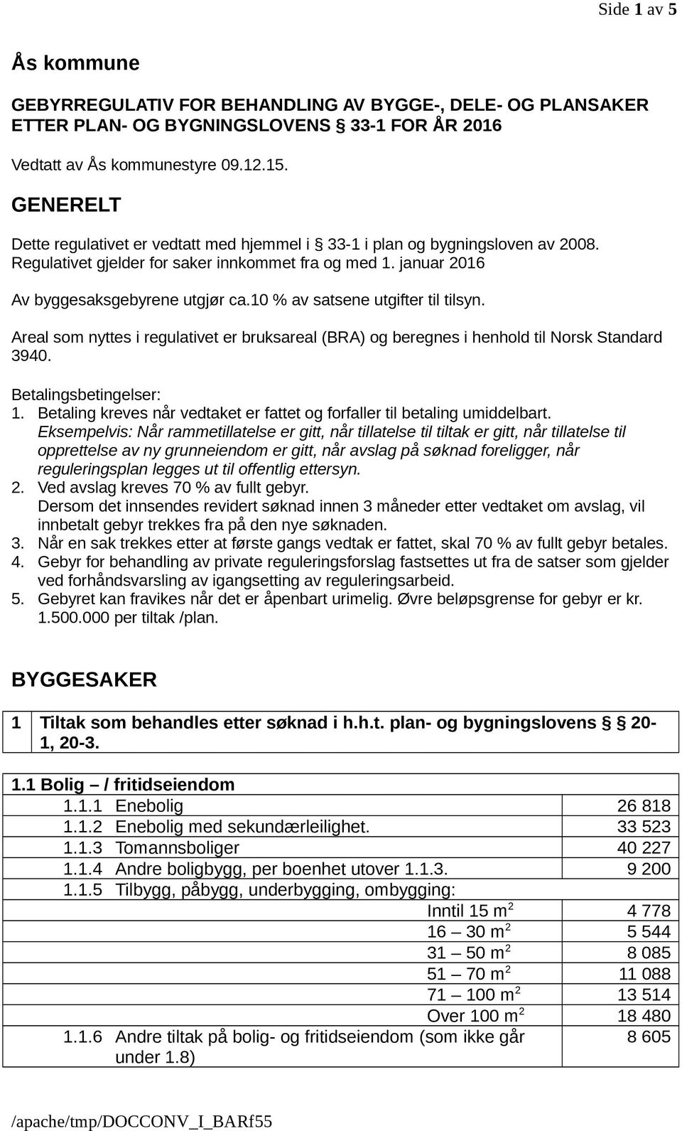 10 % av satsene utgifter til tilsyn. Areal som nyttes i regulativet er bruksareal (BRA) og beregnes i henhold til Norsk Standard 3940. Betalingsbetingelser: 1.