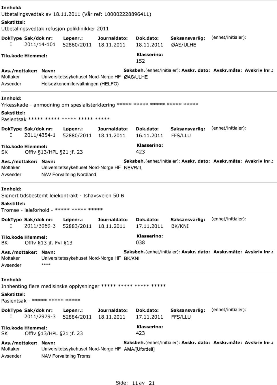 ***** 2011/4354-1 52880/2011 FFS/LL Avs./mottaker: Navn: Saksbeh. Avskr. dato: Avskr.måte: Avskriv lnr.