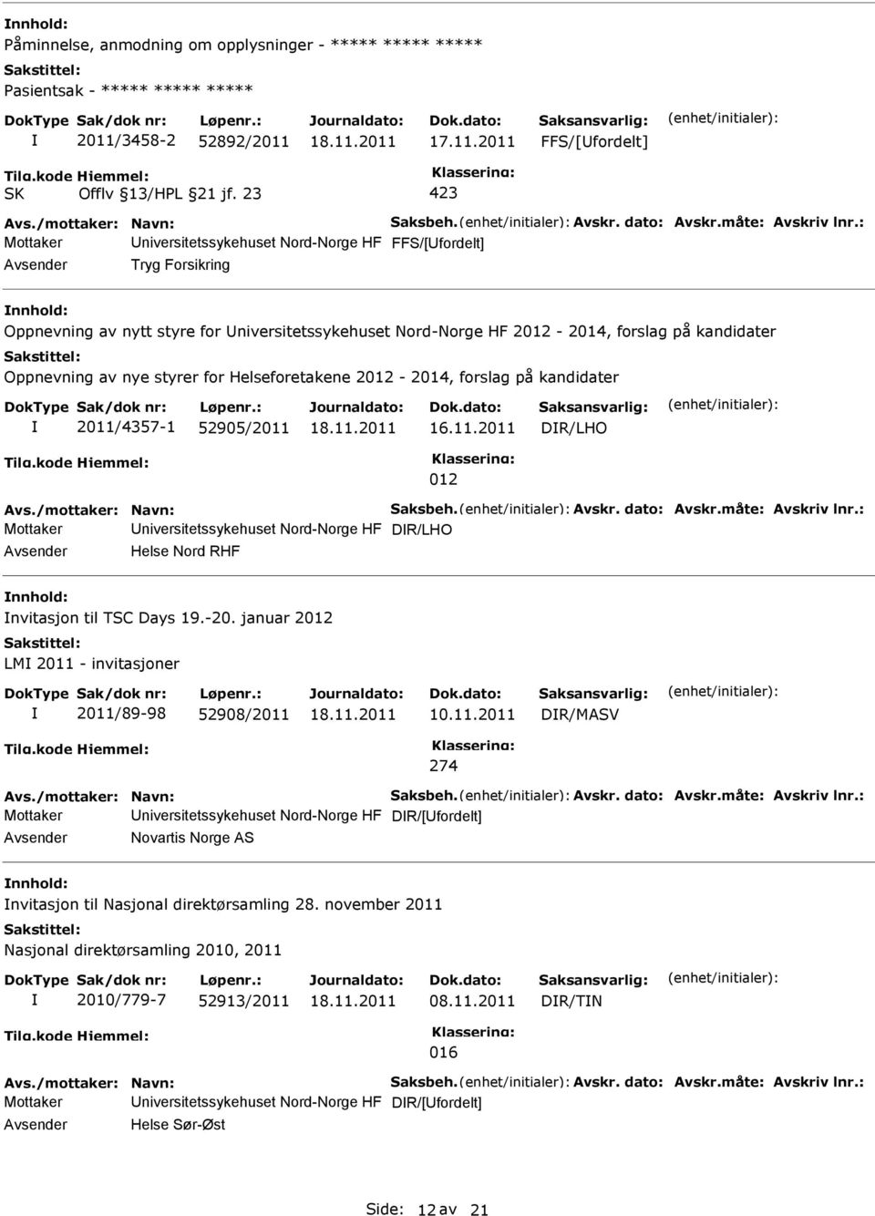 for Helseforetakene 2012-2014, forslag på kandidater 2011/4357-1 52905/2011 DR/LHO 012 Avs./mottaker: Navn: Saksbeh. Avskr. dato: Avskr.måte: Avskriv lnr.