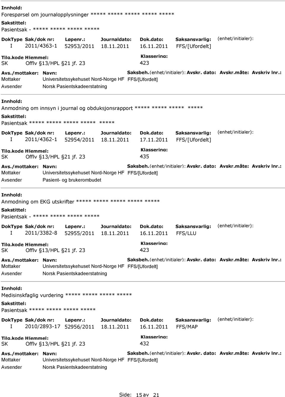 : Mottaker niversitetssykehuset Nord-Norge HF FFS/[fordelt] Norsk asientskadeerstatning Anmodning om innsyn i journal og obduksjonsrapport ***** ***** ***** ***** asientsak ***** ***** ***** *****