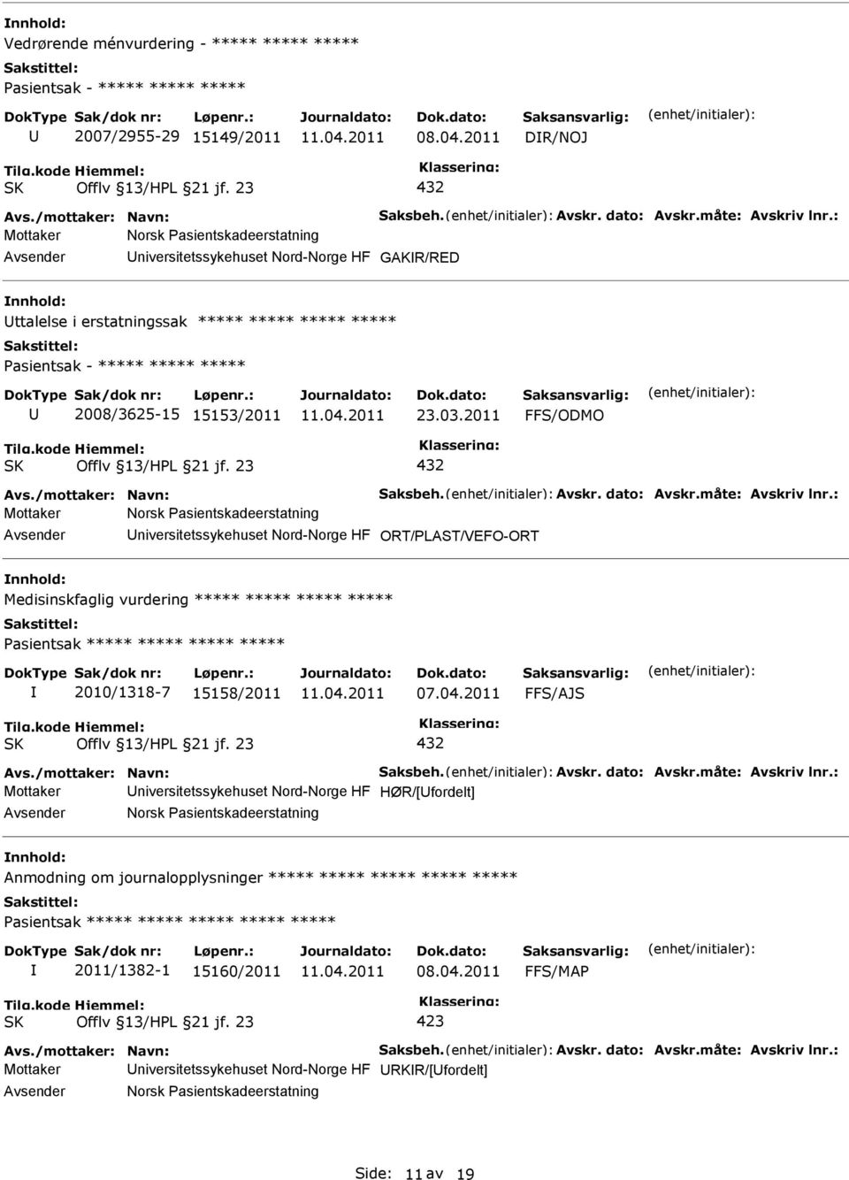 2011 FFS/ODMO 432 Avs./mottaker: Navn: Saksbeh. Avskr. dato: Avskr.måte: Avskriv lnr.