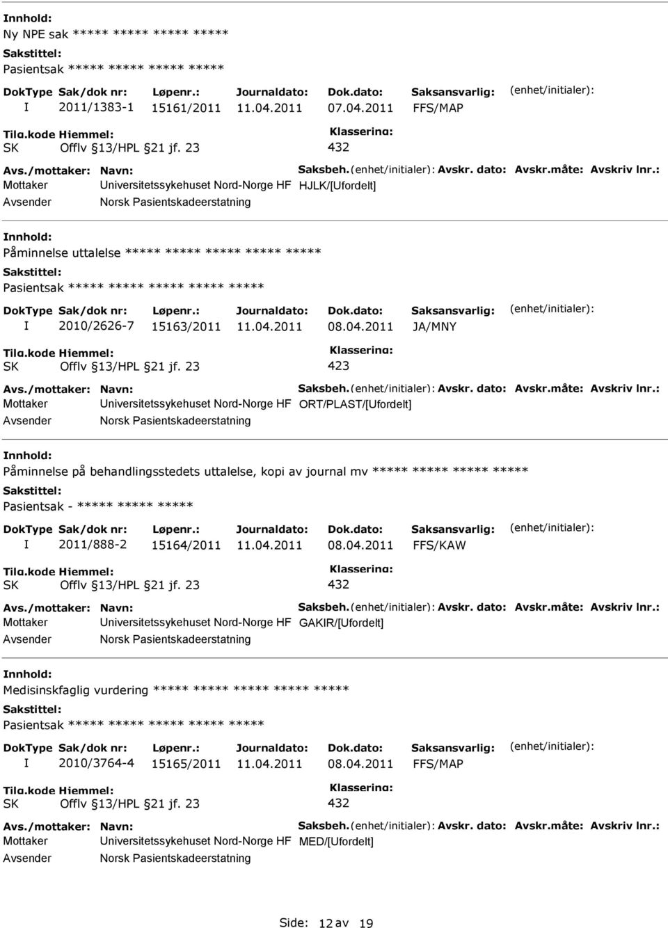 15163/2011 JA/MNY Avs./mottaker: Navn: Saksbeh. Avskr. dato: Avskr.måte: Avskriv lnr.