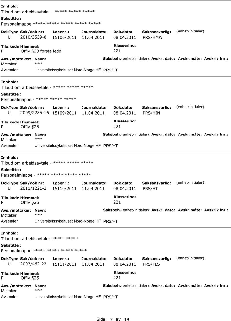 måte: Avskriv lnr.: niversitetssykehuset Nord-Norge HF RS/HT Tilbud om arbeidsavtale - ***** ***** ***** ersonalmlappe - ***** ***** ***** ***** 2011/1-2 15110/2011 RS/HT Avs./mottaker: Navn: Saksbeh.