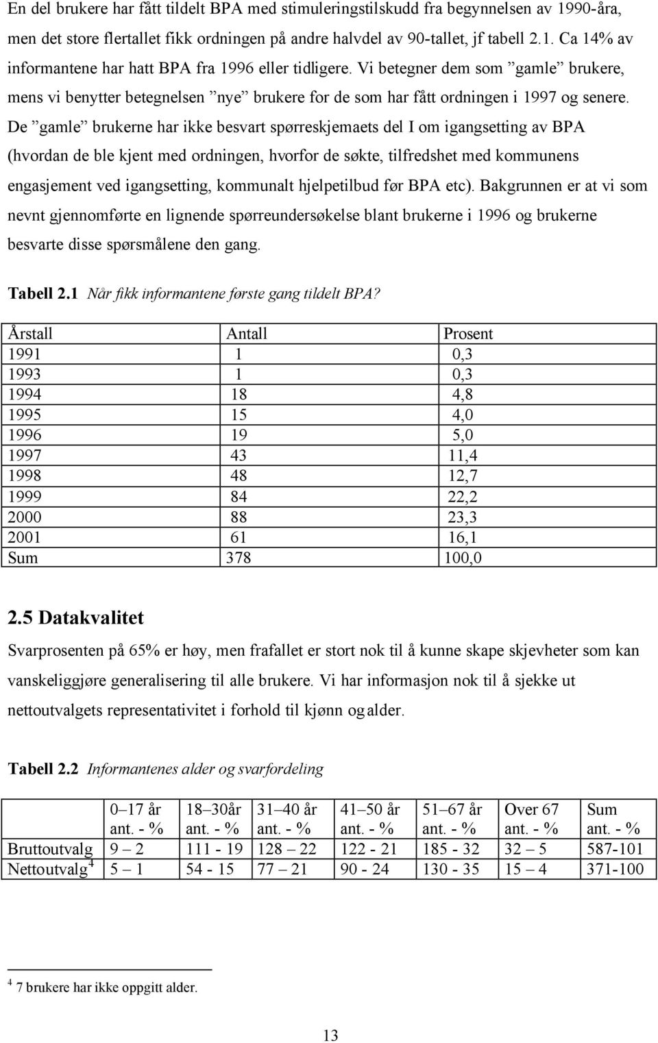 De gamle brukerne har ikke besvart spørreskjemaets del I om igangsetting av BPA (hvordan de ble kjent med ordningen, hvorfor de søkte, tilfredshet med kommunens engasjement ved igangsetting,