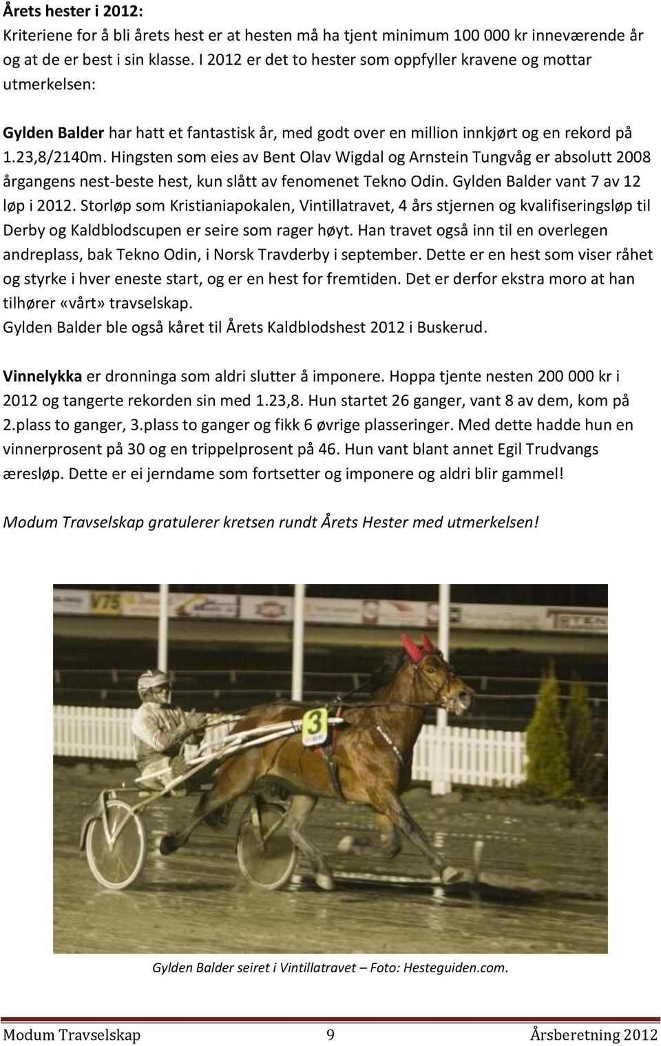 Hingsten som eies av Bent Olav Wigdal og Arnstein Tungvåg er absolutt 2008 årgangens nest-beste hest, kun slått av fenomenet Tekno Odin. Gylden Balder vant 7 av 12 løp i 2012.