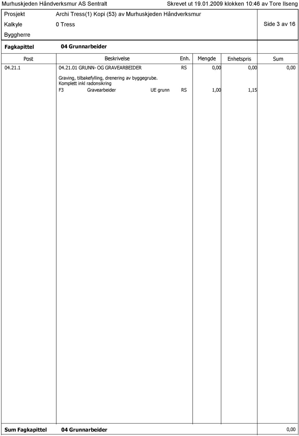 01 GRUNN- OG GRAVEARBEIDER RS 0,00 0,00 0,00 Graving,