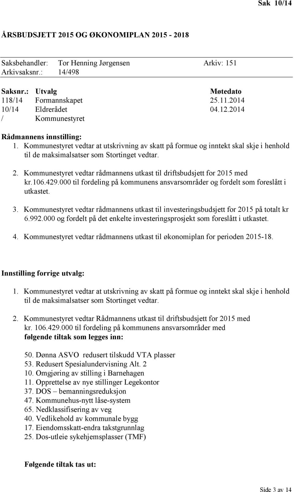 Kommunestyret vedtar rådmannens utkast til driftsbudsjett for 2015 med kr.106.429.000 til fordeling på kommunens ansvarsområder og fordelt som foreslått i utkastet. 3.