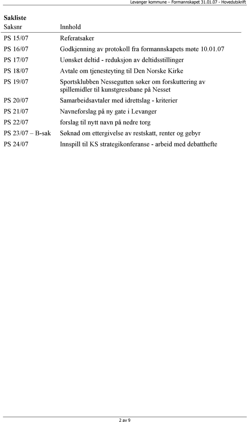 søker om forskuttering av spillemidler til kunstgressbane på Nesset PS 20/07 Samarbeidsavtaler med idrettslag - kriterier PS 21/07 Navneforslag på ny