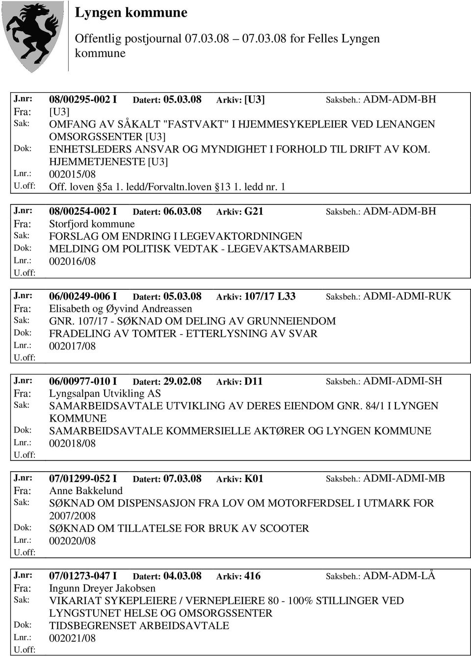 : 002015/08 Off. loven 5a 1. ledd/forvaltn.loven 13 1. ledd nr. 1 J.nr: 08/00254-002 I Datert: 06.03.08 Arkiv: G21 Saksbeh.