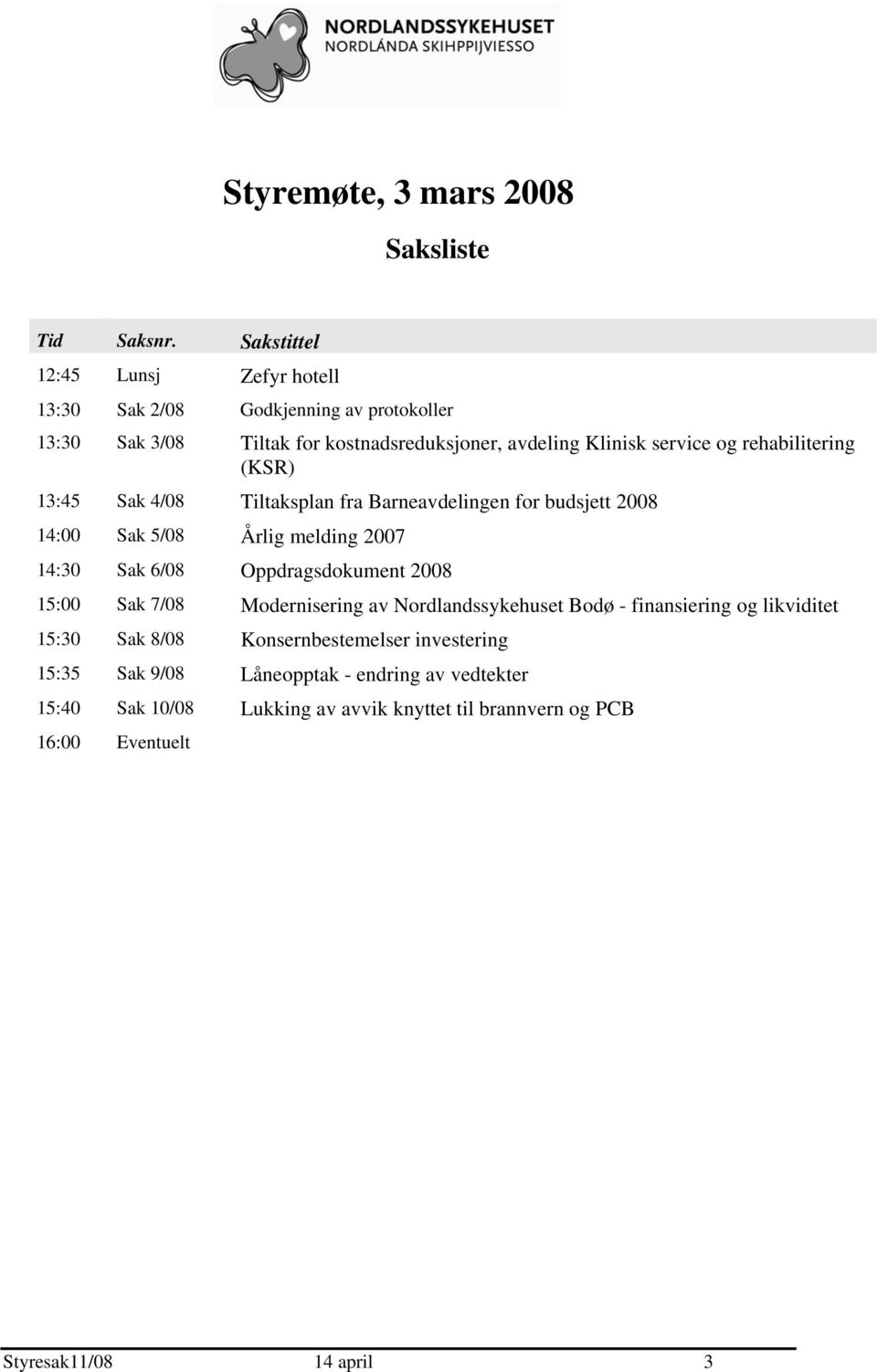 rehabilitering (KSR) 13:45 Sak 4/08 Tiltaksplan fra Barneavdelingen for budsjett 2008 14:00 Sak 5/08 Årlig melding 2007 14:30 Sak 6/08 Oppdragsdokument 2008