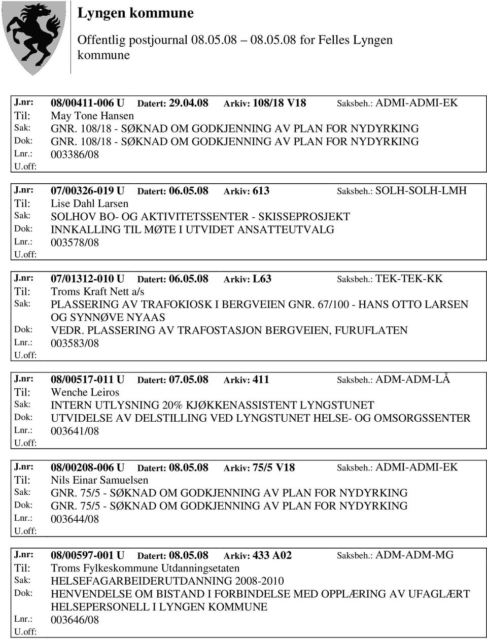 : SOLH-SOLH-LMH Til: Lise Dahl Larsen Sak: SOLHOV BO- OG AKTIVITETSSENTER - SKISSEPROSJEKT Dok: INNKALLING TIL MØTE I UTVIDET ANSATTEUTVALG Lnr.: 003578/08 J.nr: 07/01312-010 U Datert: 06.05.