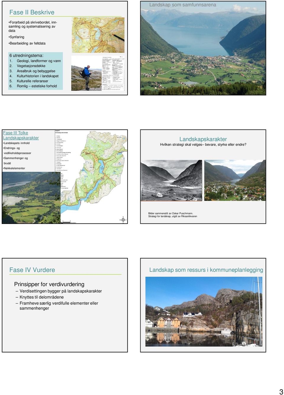 Geologi, landformer og vann Vegetasjonsdekke Arealbruk og bebyggelse Kulturhistorien i landskapet Kulturelle referanser Romlig estetiske forhold Fase III Tolke Landskapskarakter Landskapets innhold