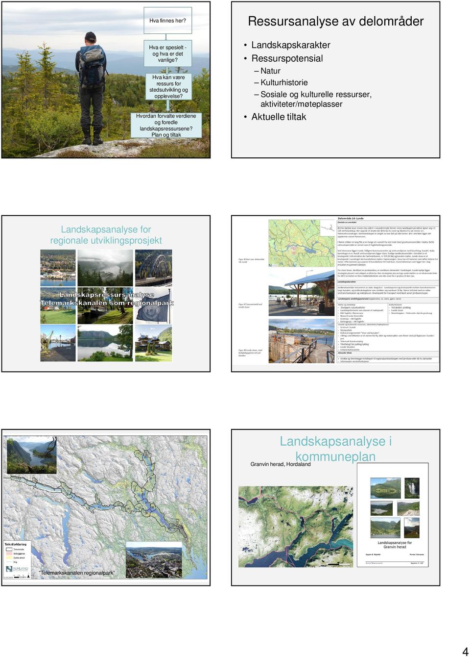 Plan og tiltak Ressursanalyse av delområder Landskapskarakter Ressurspotensial Natur Kulturhistorie Sosiale og