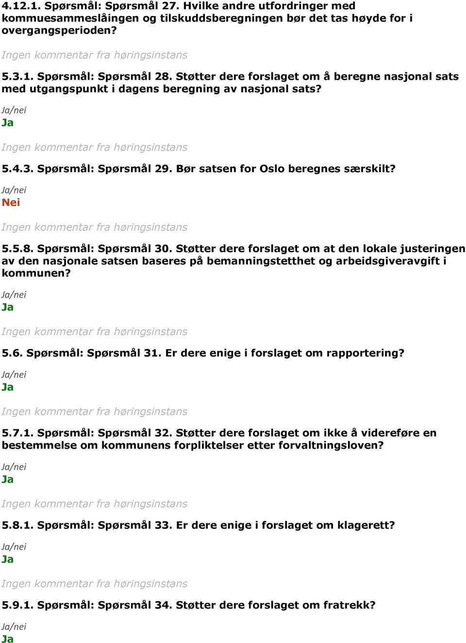 Spørsmål: Spørsmål 30. Støtter dere forslaget om at den lokale justeringen av den nasjonale satsen baseres på bemanningstetthet og arbeidsgiveravgift i kommunen? 5.6. Spørsmål: Spørsmål 31.