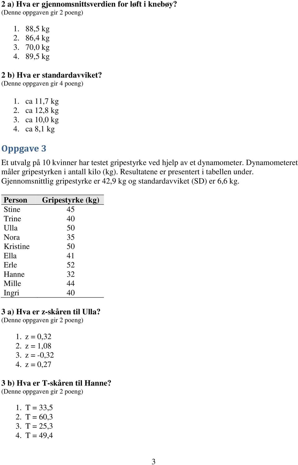 Resultatene er presentert i tabellen under. Gjennomsnittlig gripestyrke er 42,9 kg og standardavviket (SD) er 6,6 kg.