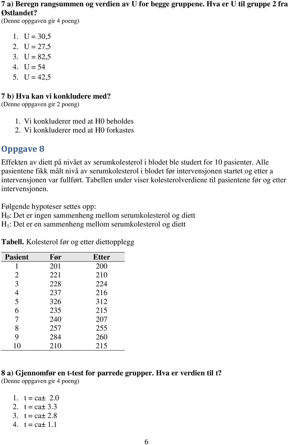 Vi konkluderer med at H0 forkastes Oppgave 8 Effekten av diett på nivået av serumkolesterol i blodet ble studert for 10 pasienter.