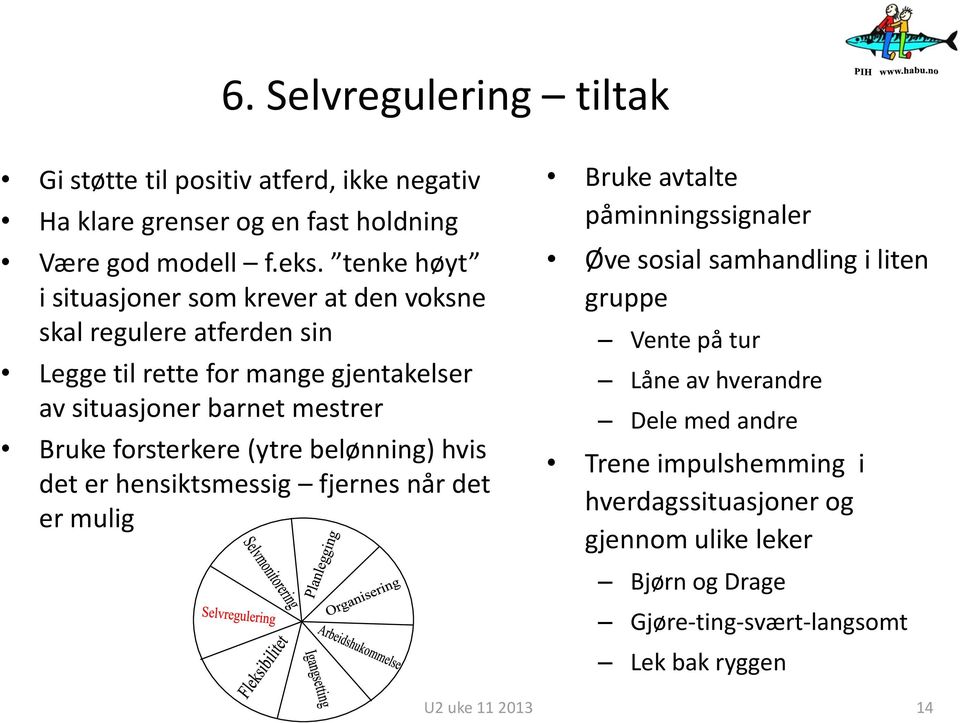 Bruke forsterkere (ytre belønning) hvis det er hensiktsmessig fjernes når det er mulig Bruke avtalte påminningssignaler Øve sosial samhandling i liten