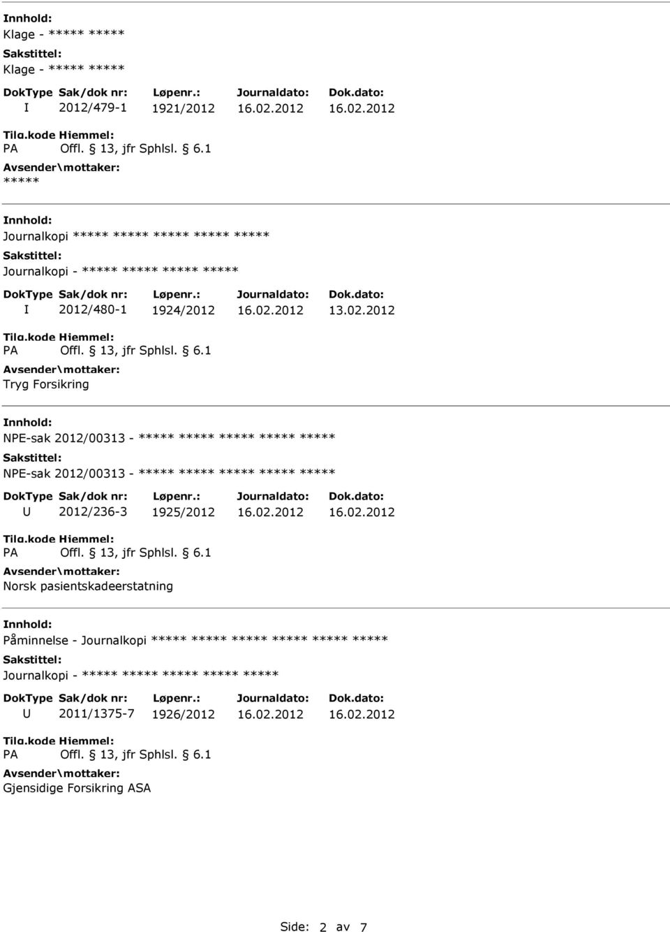 2012/00313-2012/236-3 1925/2012 Norsk pasientskadeerstatning nnhold: