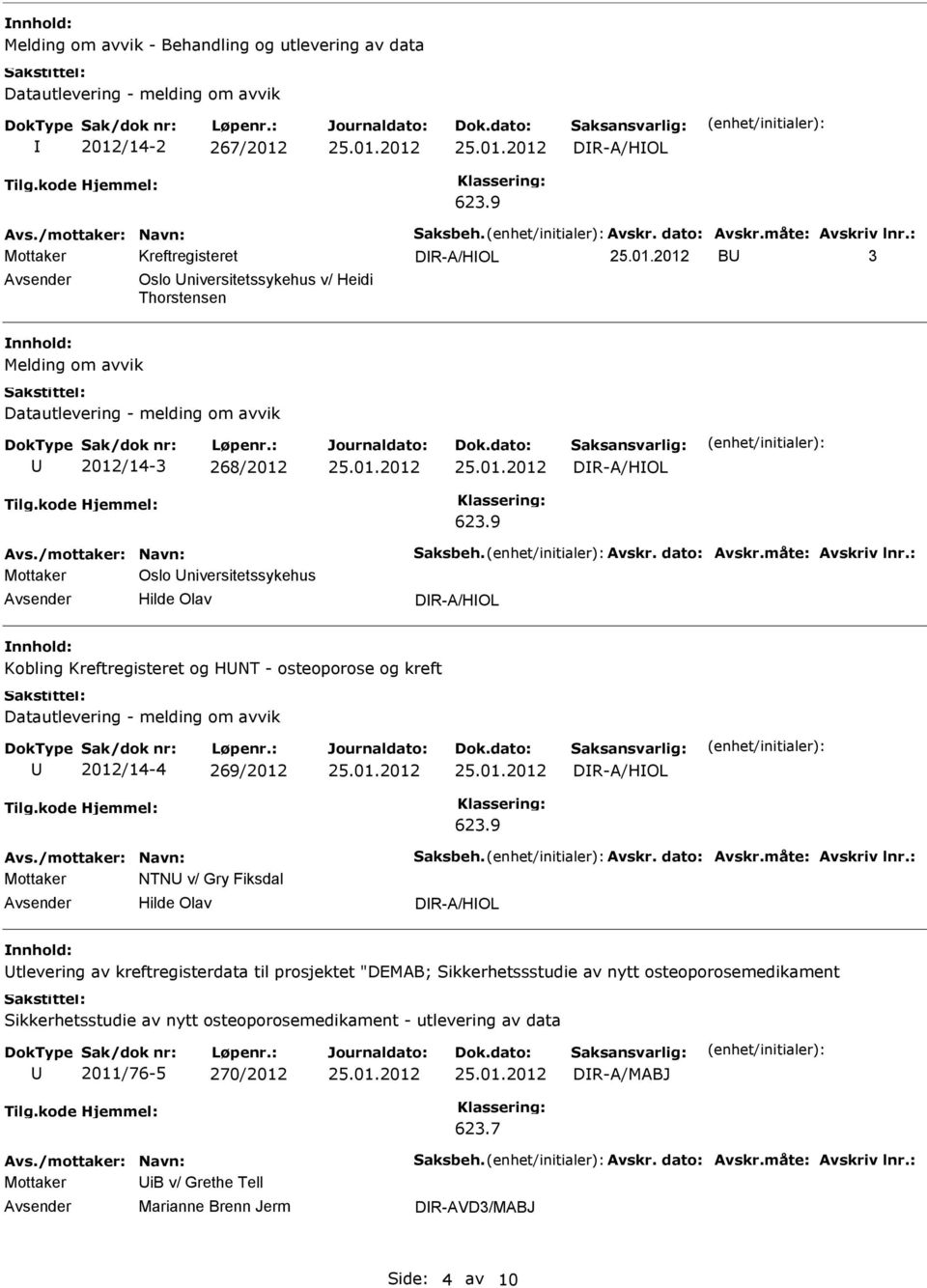 DR-A/HOL Mottaker NTN v/ Gry Fiksdal Hilde Olav DR-A/HOL tlevering av kreftregisterdata til prosjektet "DEMAB; Sikkerhetssstudie av nytt osteoporosemedikament