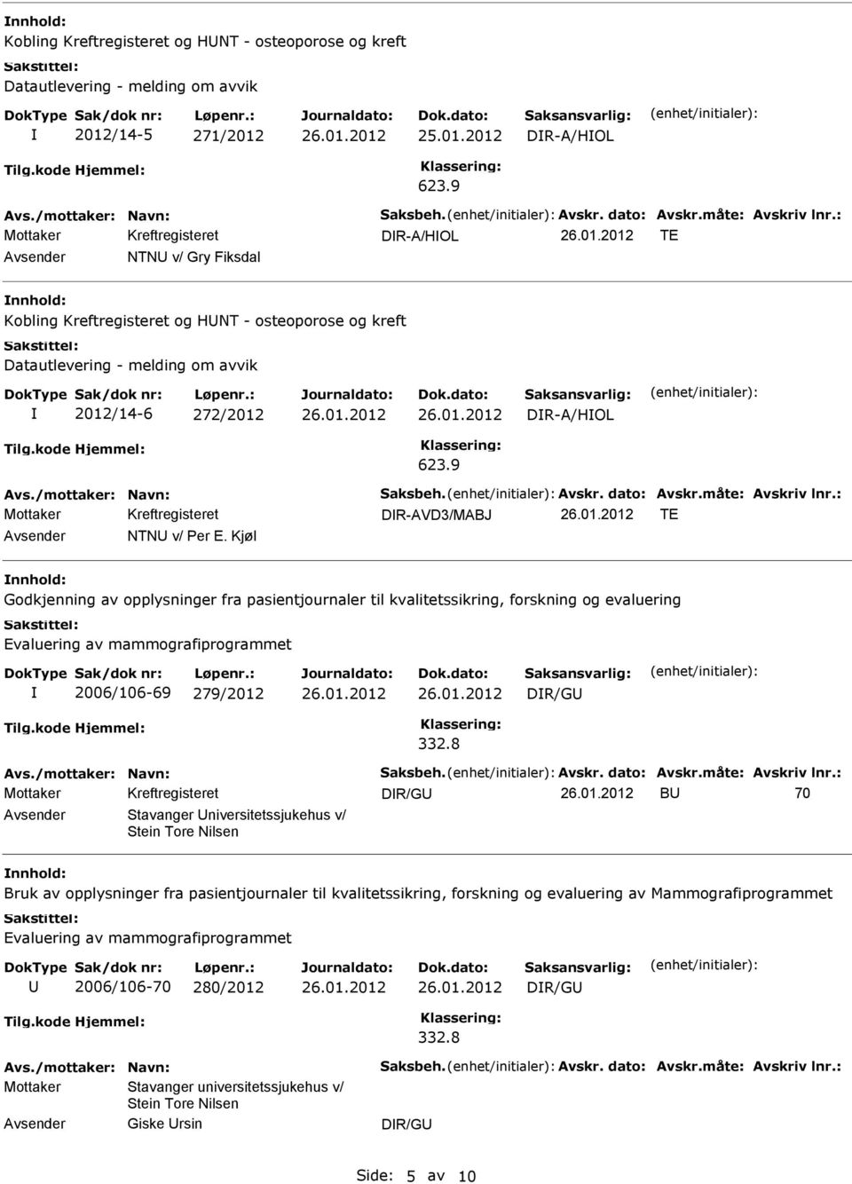 Kjøl Godkjenning av opplysninger fra pasientjournaler til kvalitetssikring, forskning og evaluering 2006/106-69 279/2012 B 70 Stavanger