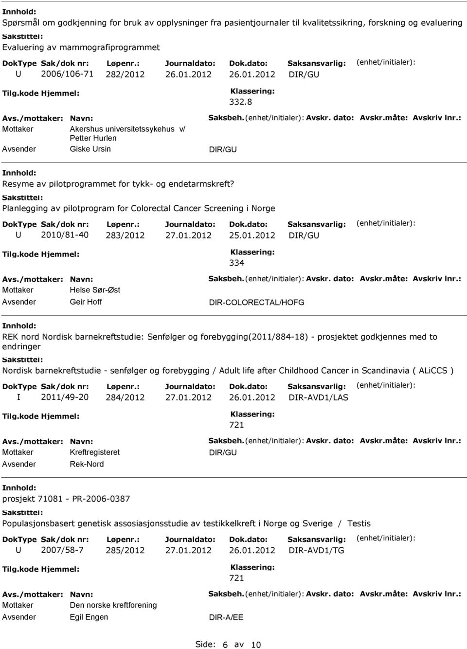 Planlegging av pilotprogram for Colorectal Cancer Screening i Norge 2010/81-40 283/2012 334 Mottaker Helse Sør-Øst Geir Hoff DR-COLORECTAL/HOFG REK nord Nordisk barnekreftstudie: Senfølger og