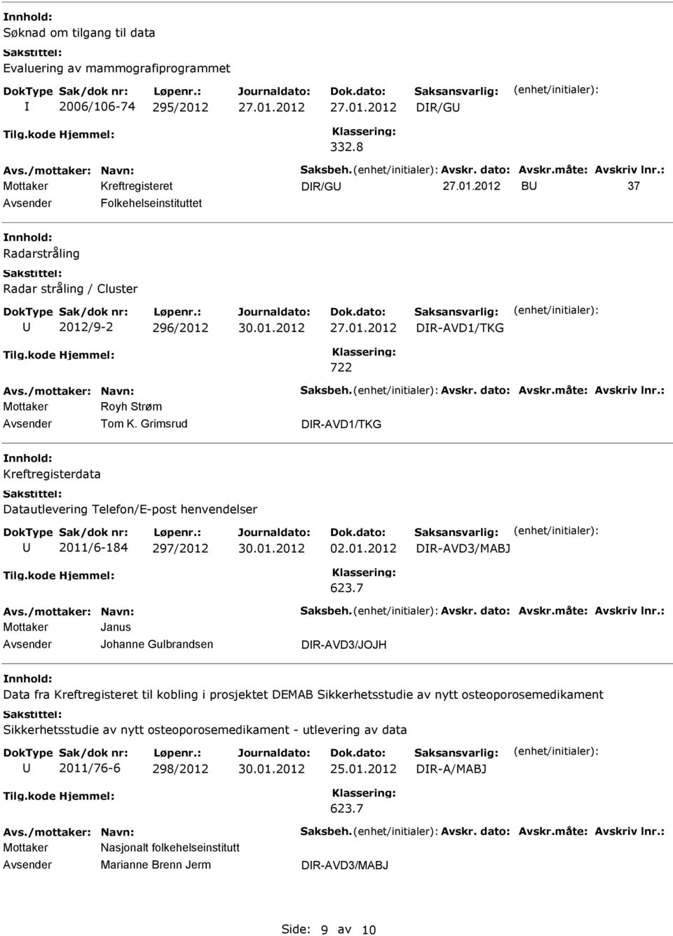 7 Mottaker Janus Johanne Gulbrandsen DR-AVD3/JOJH Data fra Kreftregisteret til kobling i prosjektet DEMAB Sikkerhetsstudie av nytt osteoporosemedikament