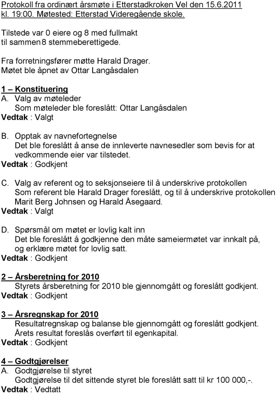 Opptak av navnefortegnelse Det ble foreslått å anse de innleverte navnesedler som bevis for at vedkommende eier var tilstedet. C.