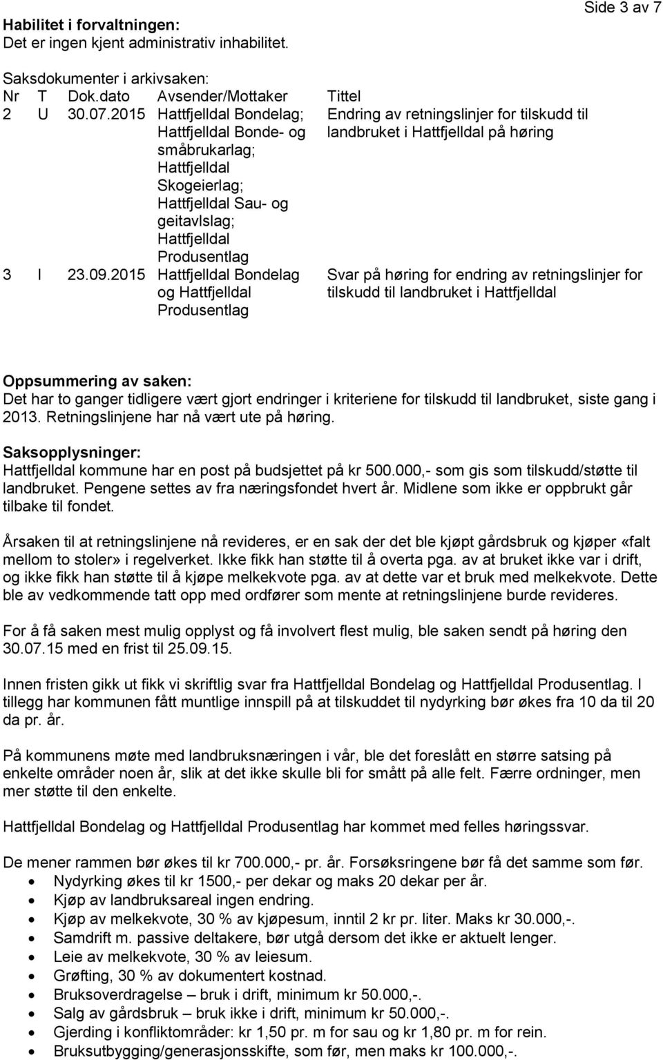 2015 Hattfjelldal Bondelag og Hattfjelldal Produsentlag Endring av retningslinjer for tilskudd til landbruket i Hattfjelldal på høring Svar på høring for endring av retningslinjer for tilskudd til