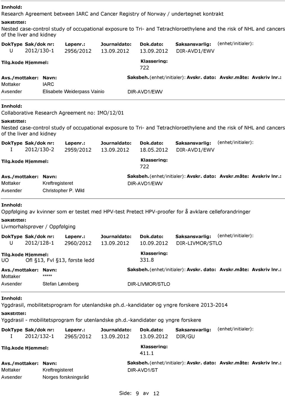 exposure to Tri- and Tetrachloroethylene and the risk of NHL and cancers of the liver and kidney 2012/130-2 2959/2012 18.05.2012 DR-AVD1/EWV DR-AVD1/EWV Christopher P.