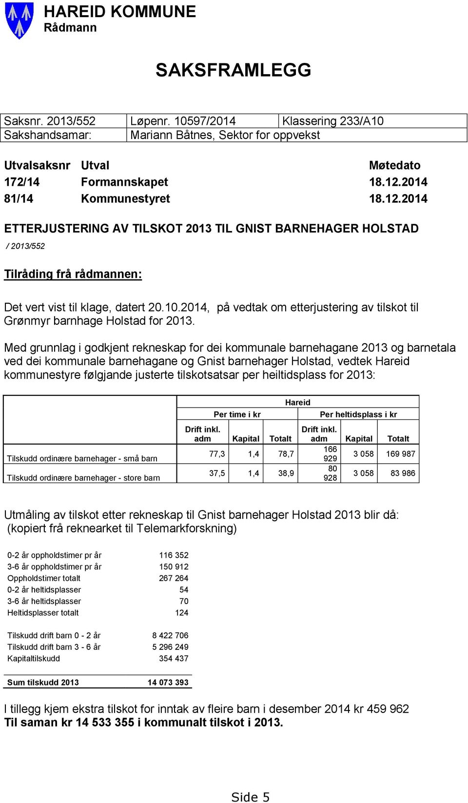 2014, på vedtak om etterjustering av tilskot til Grønmyr barnhage Holstad for 2013.