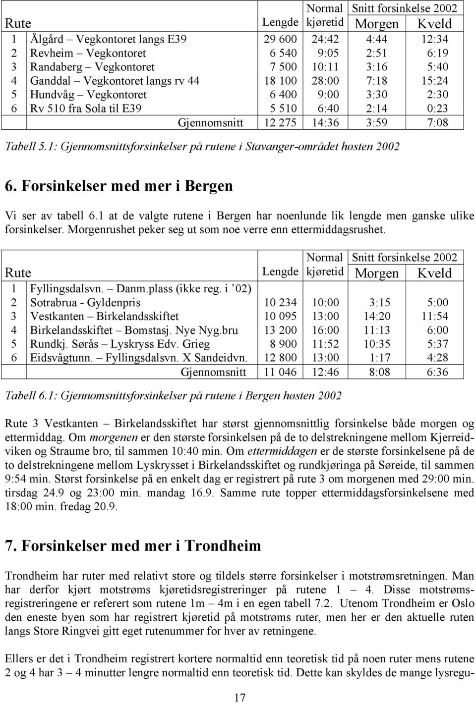 5.1: Gjennomsnittsforsinkelser på rutene i Stavanger-området høsten 2002 6. Forsinkelser med mer i Bergen Vi ser av tabell 6.