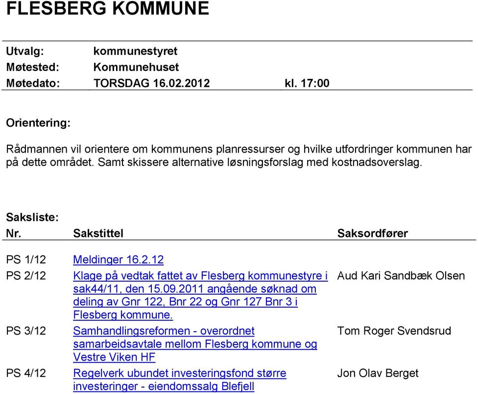 Saksliste: Nr. Sakstittel Saksordfører PS 1/12 Meldinger 16.2.12 PS 2/12 Klage på vedtak fattet av Flesberg kommunestyre i sak44/11, den 15.09.