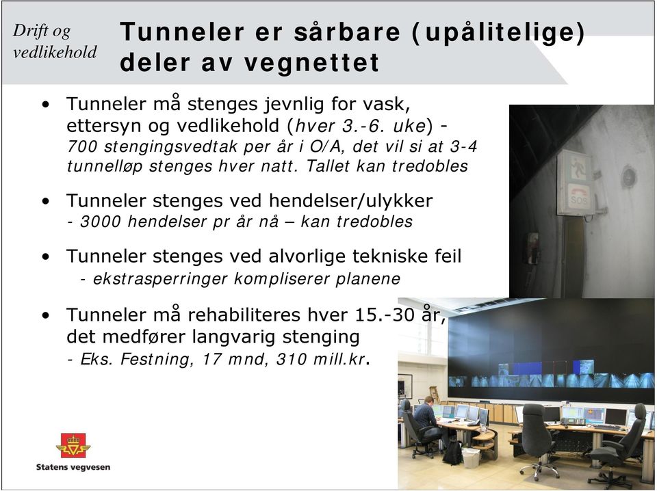 Tallet kan tredobles Tunneler stenges ved hendelser/ulykker - 3000 hendelser pr år nå kan tredobles Tunneler stenges ved alvorlige