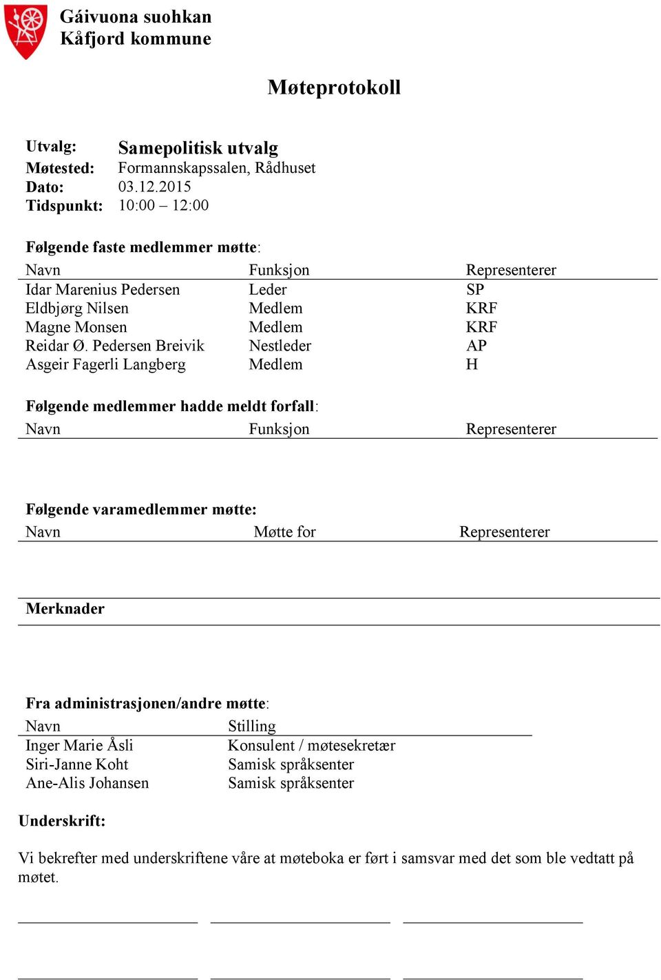 Pedersen Breivik Nestleder AP Asgeir Fagerli Langberg Medlem H Følgende medlemmer hadde meldt forfall: Navn Funksjon Representerer Følgende varamedlemmer møtte: Navn Møtte for Representerer