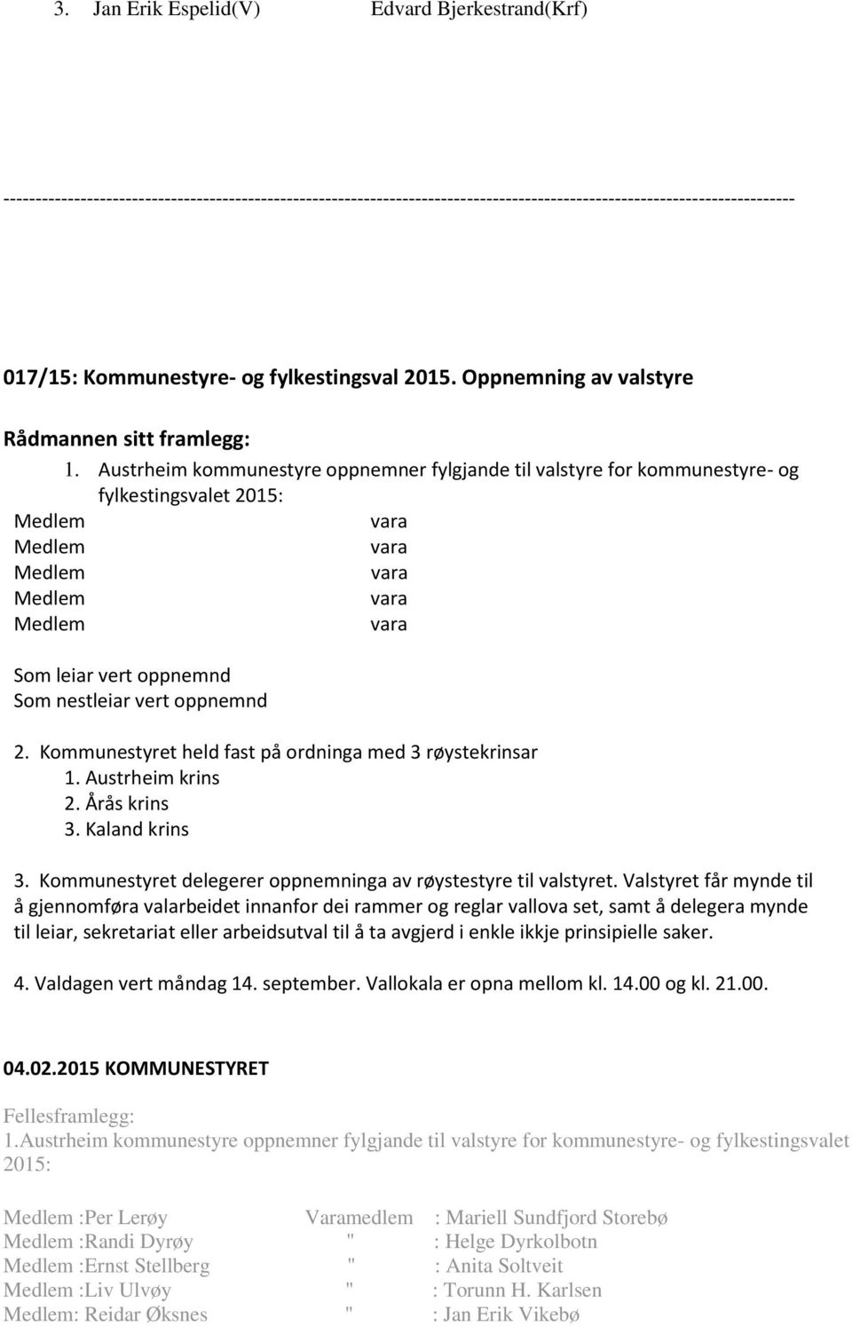 vert oppnemnd 2. Kommunestyret held fast på ordninga med 3 røystekrinsar 1. Austrheim krins 2. Årås krins 3. Kaland krins 3. Kommunestyret delegerer oppnemninga av røystestyre til valstyret.