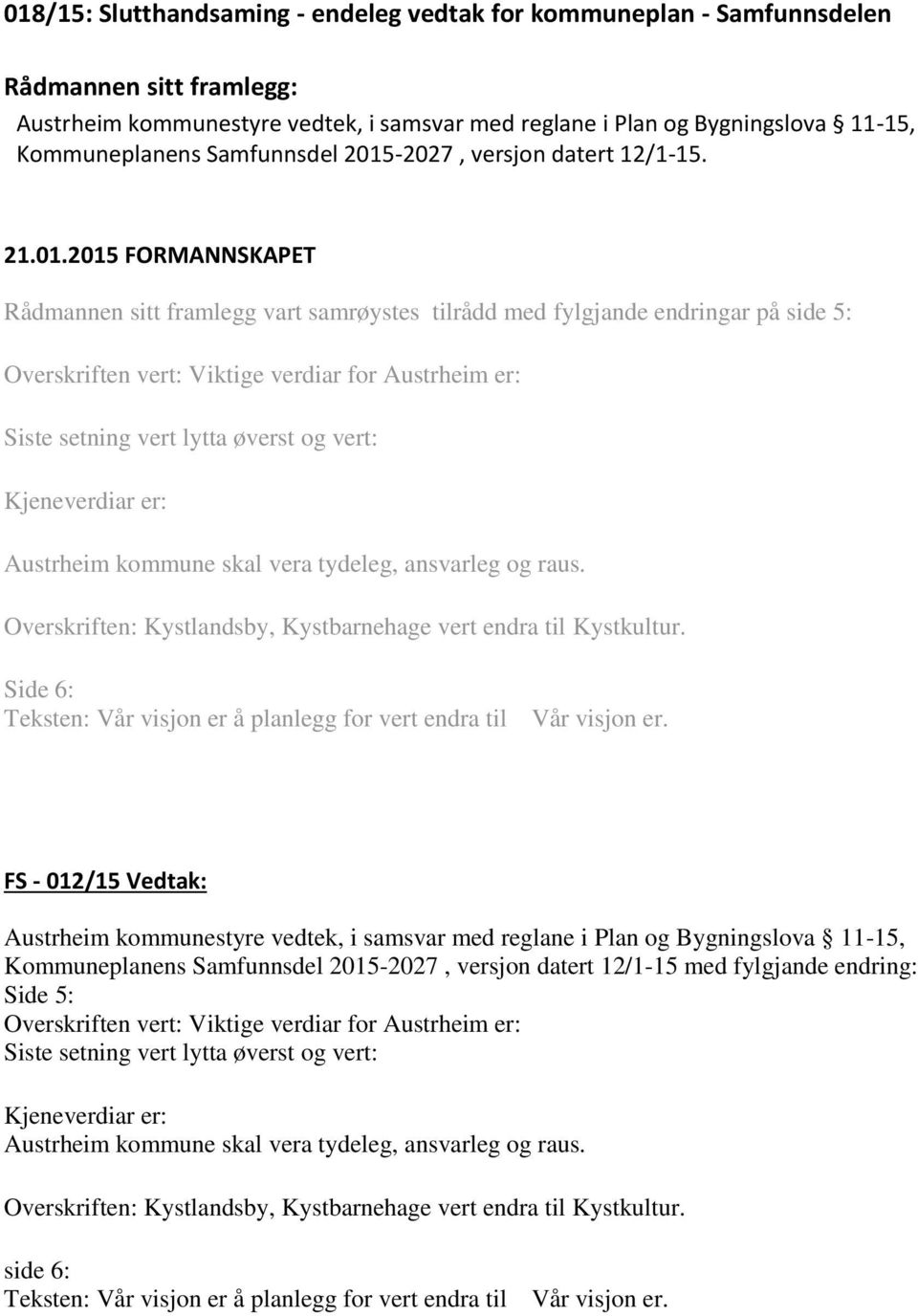 2015 FORMANNSKAPET Rådmannen sitt framlegg vart samrøystes tilrådd med fylgjande endringar på side 5: Overskriften vert: Viktige verdiar for Austrheim er: Siste setning vert lytta øverst og vert: