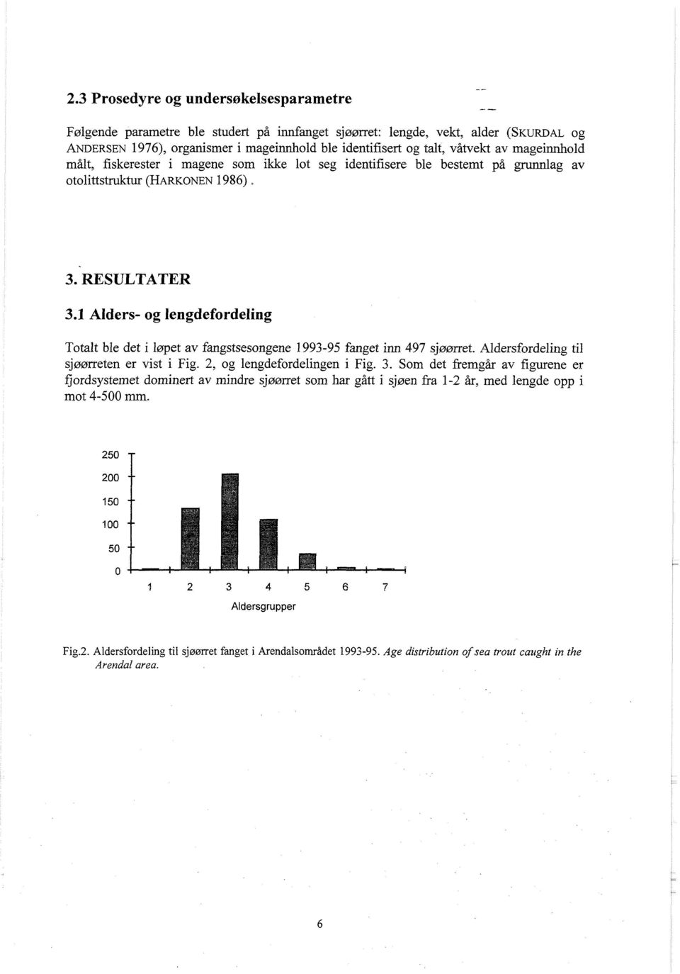 1 Alders- og lengdefordeling Totalt ble det i løpet av fangstsesongene 1993-95 fanget inn 497 sjmrret. Aldersfordeling til sjøørreten er vist i Fig. 2, og lengdefordelingen i Fig. 3.