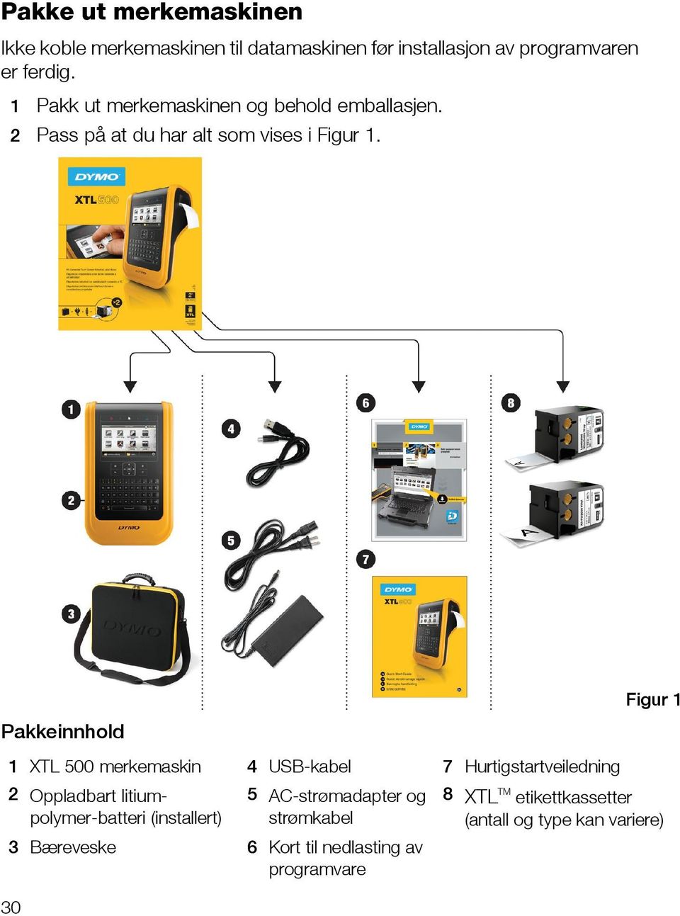 Pakkeinnhold Figur 1 1 XTL 500 merkemaskin 4 USB-kabel 7 Hurtigstartveiledning 2 Oppladbart litiumpolymer-batteri