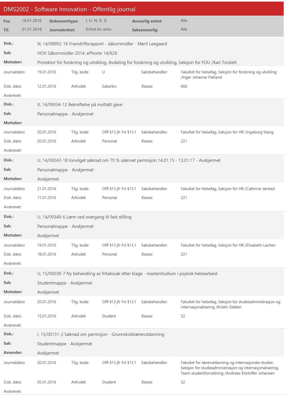 2016 666 X, 14/09034-12 Bekreftelse på mottatt gave Personalmappe - Fakultet for helsefag, Seksjon for HR /Ingeborg Stang 20.01.2016 Personal, 14/09243-18 Innvilget søknad om 70 % ulønnet permisjon 14.