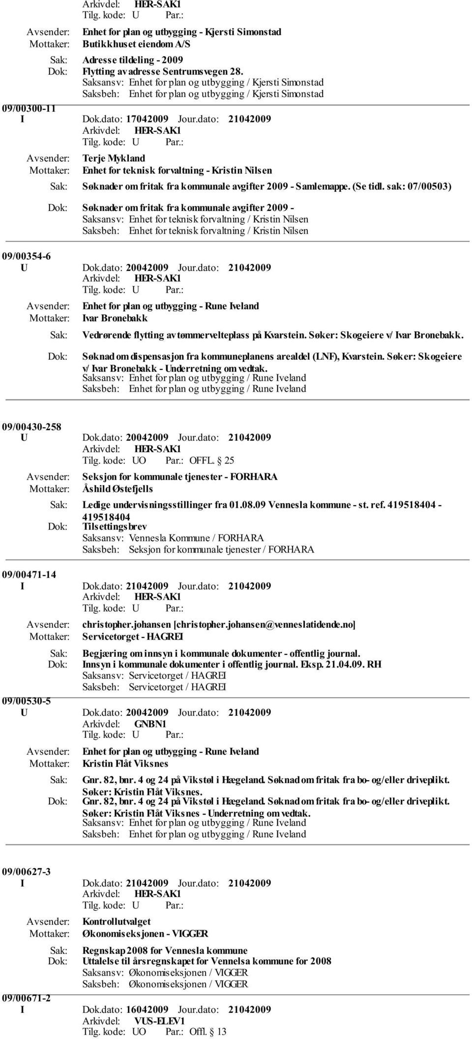 dato: Terje Mykland Enhet for teknisk forvaltning - Kristin Nilsen Søknader om fritak fra kommunale avgifter 2009 - Samlemappe. (Se tidl.